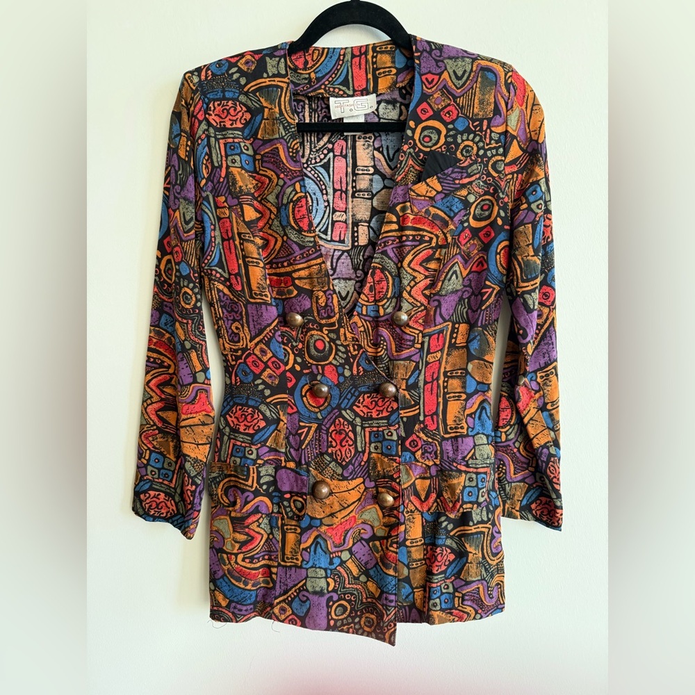 90s Abstract Print Double Breasted Silk Rayon Blazer